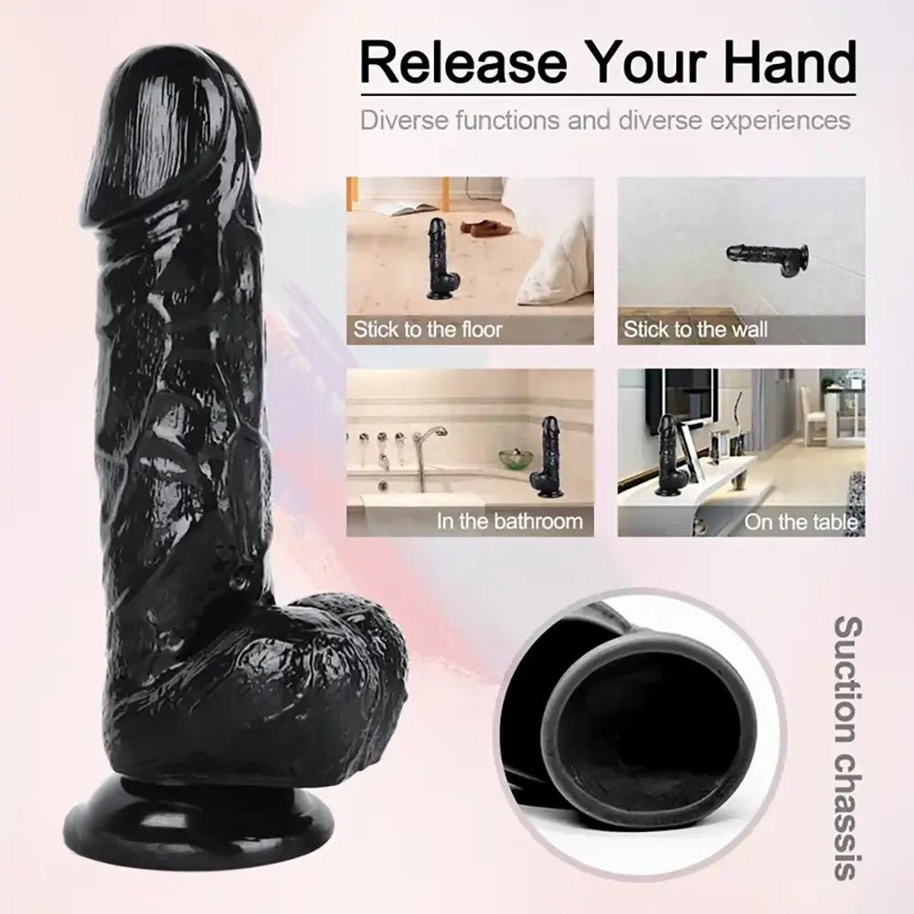 Black realistic pvc dildo with suction cup base, photo 7