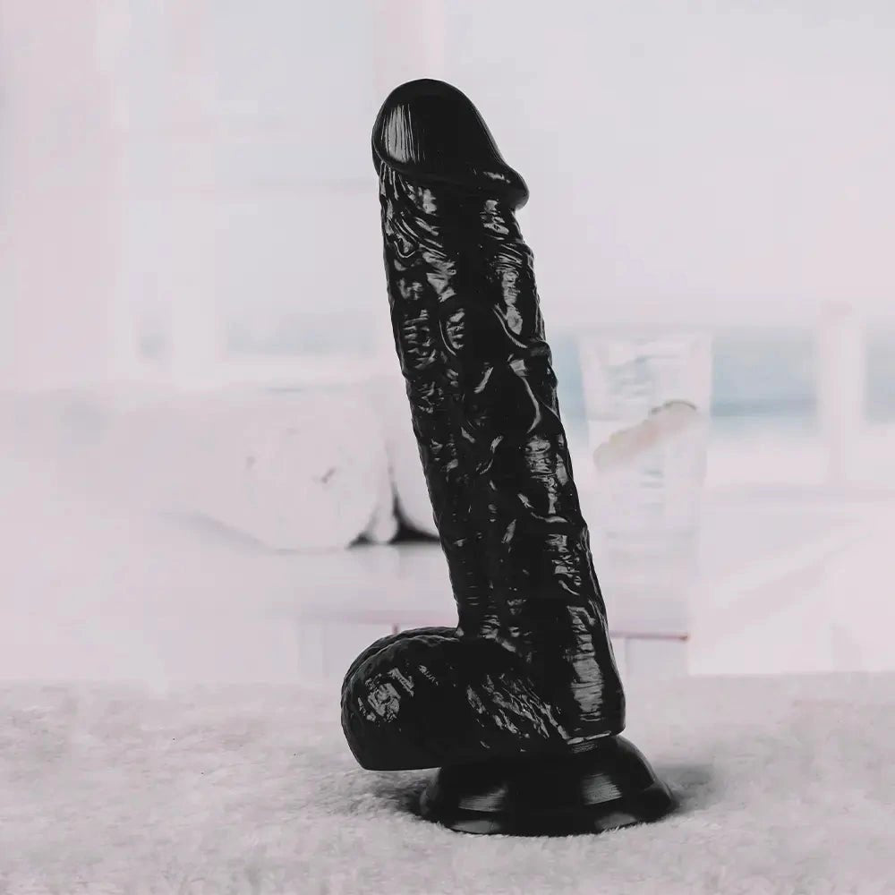 Black pvc ridged suction cup dildo in black and flesh