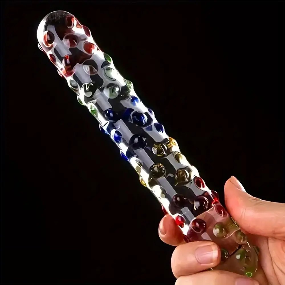 Rainbow dot textured glass dildo, photo 1