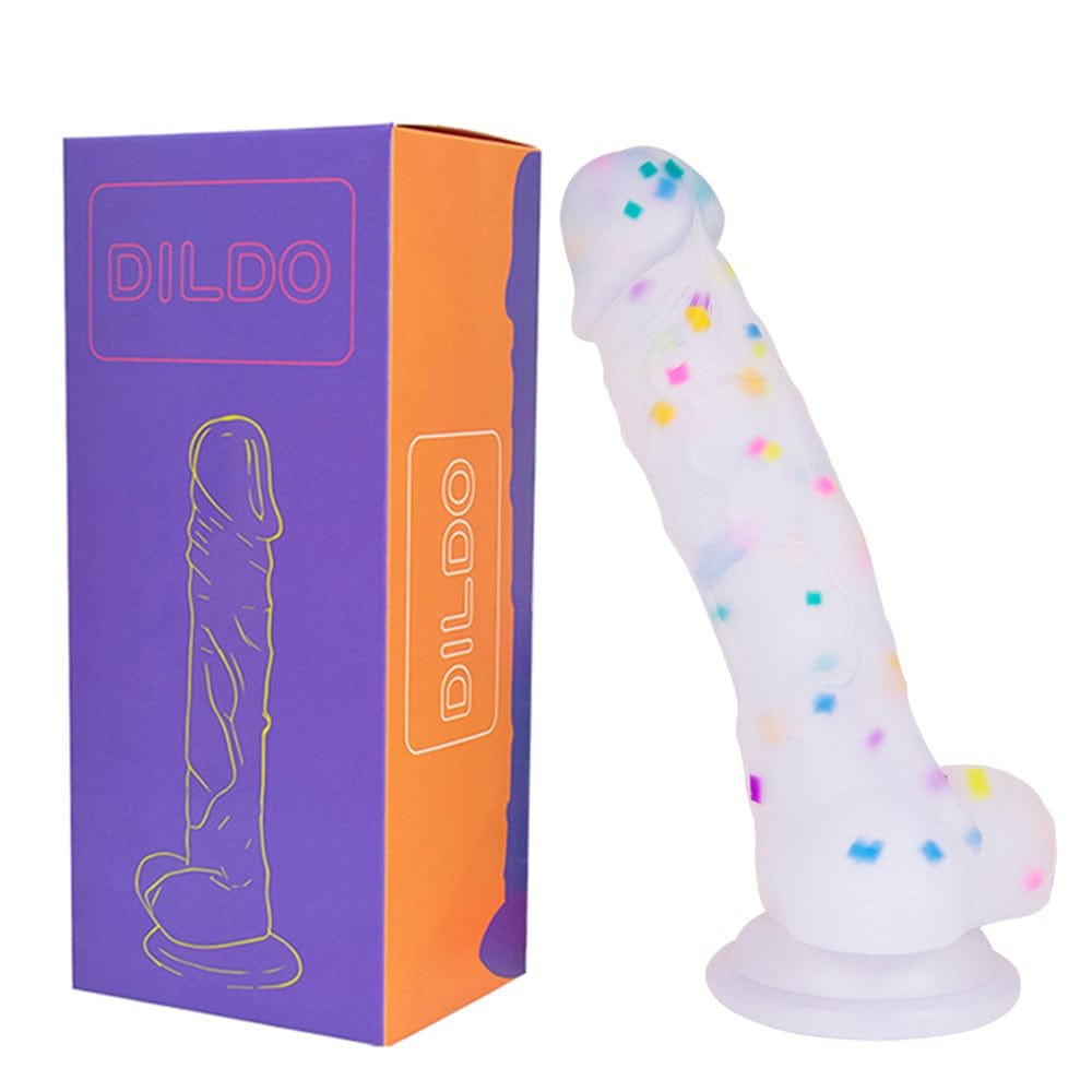 Transparent rainbow glitter silicone dildo with suction cup, photo 10