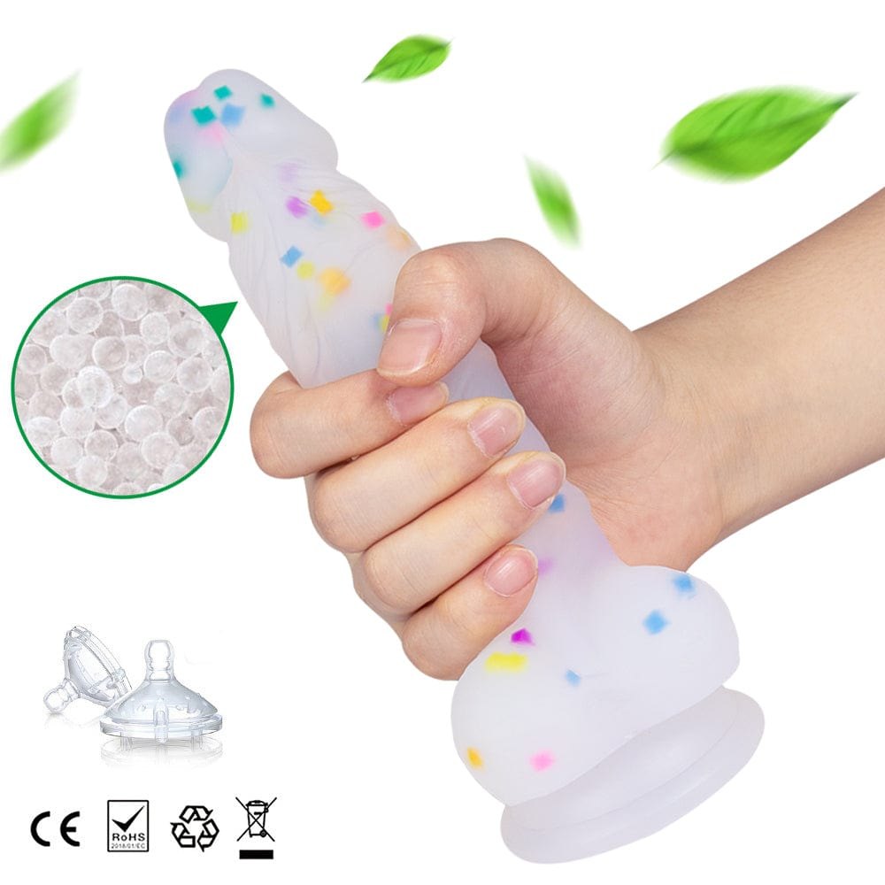 Transparent rainbow glitter silicone dildo with suction cup, photo 3