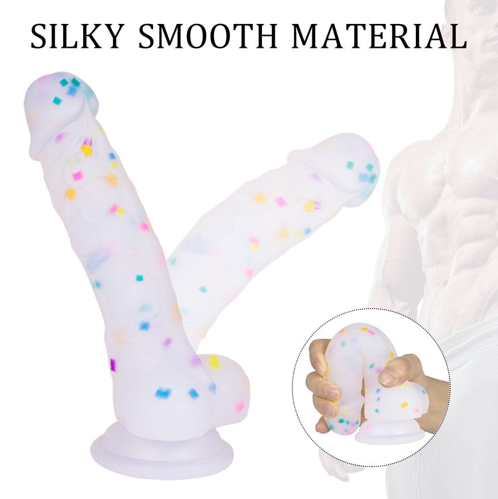 Transparent rainbow glitter silicone dildo with suction cup, photo 4