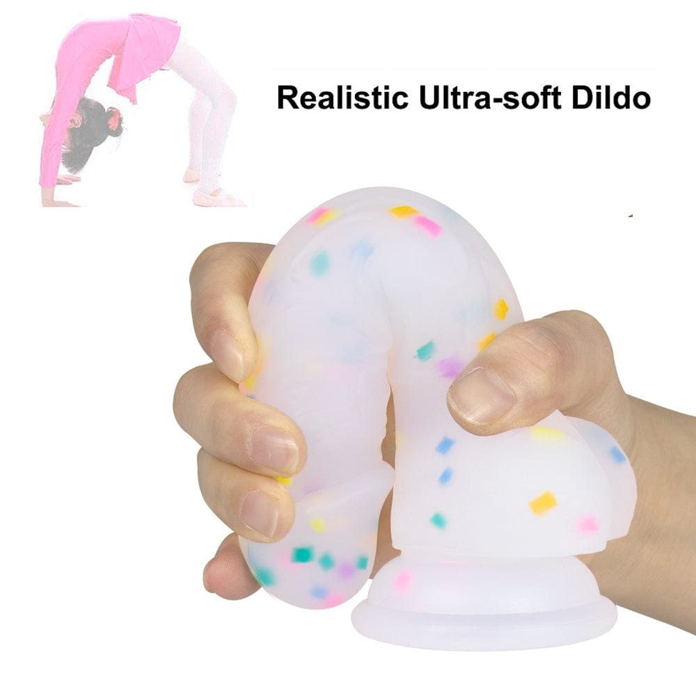 Transparent rainbow glitter silicone dildo with suction cup, photo 5
