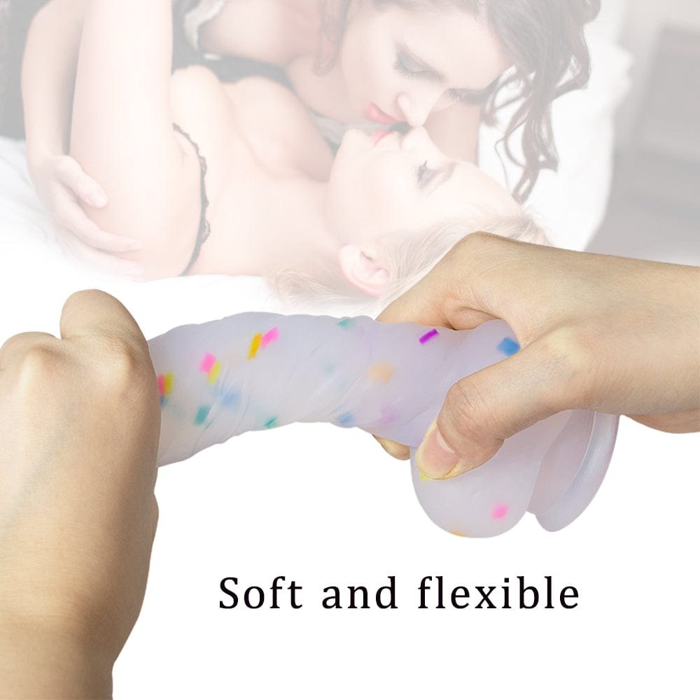 Transparent rainbow glitter silicone dildo with suction cup, photo 6