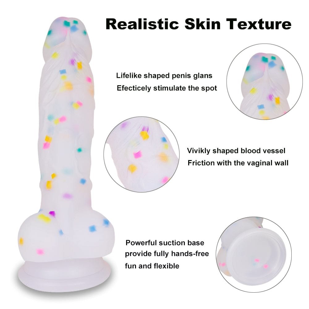 Transparent rainbow glitter silicone dildo with suction cup, photo 8