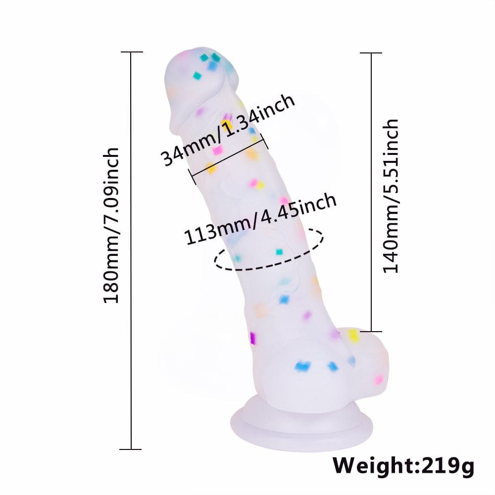 Transparent rainbow glitter silicone dildo with suction cup, photo 9