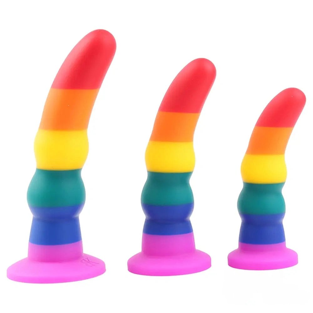 Rainbow ribbed silicone dildo with suction cup base, photo 1