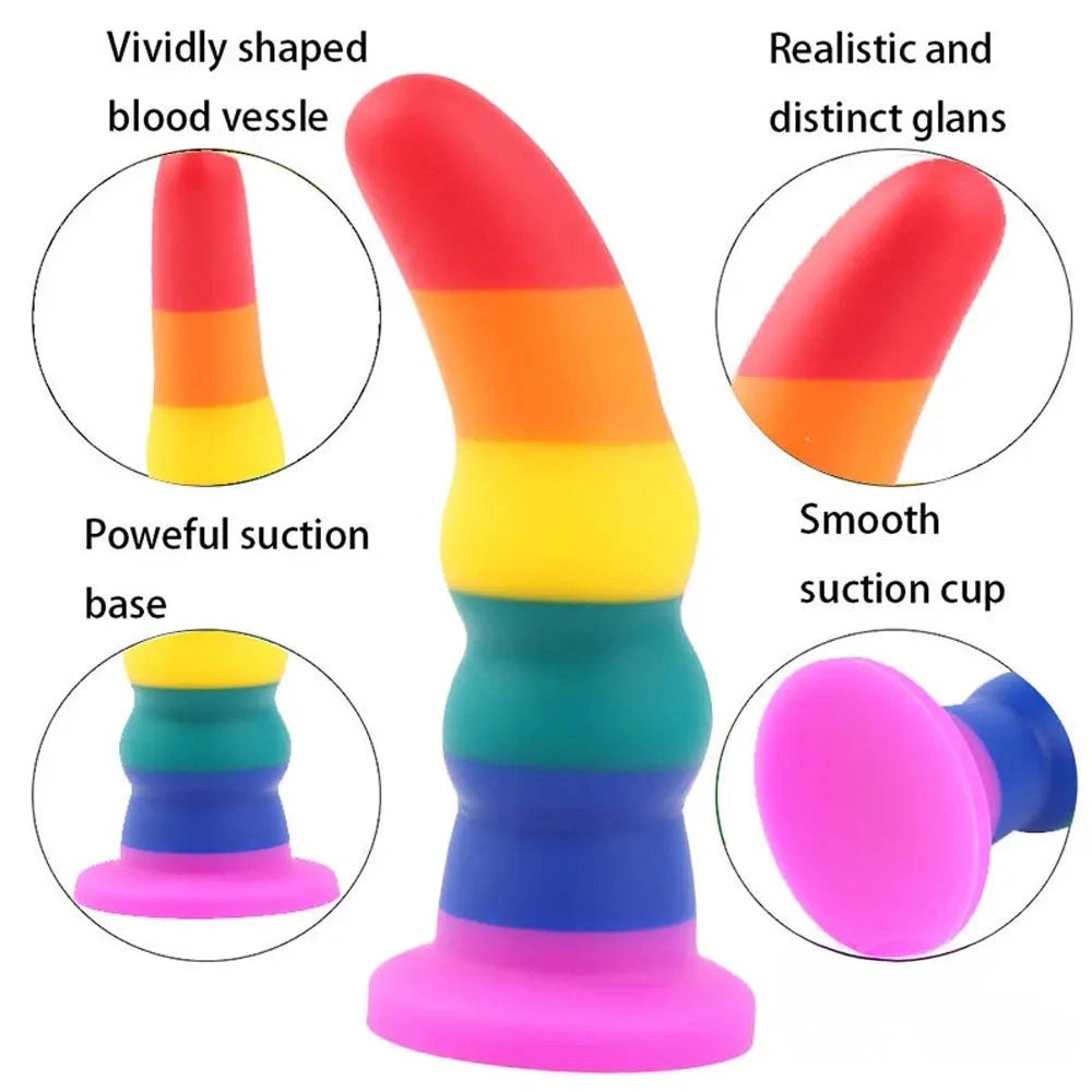 Rainbow ribbed silicone dildo with suction cup base, photo 3