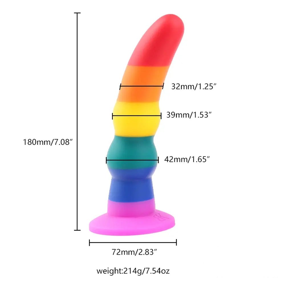 Rainbow ribbed silicone dildo with suction cup base, photo 5