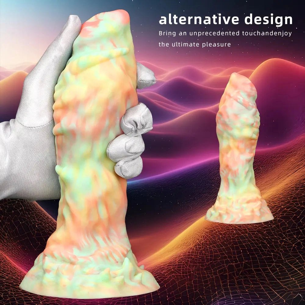 Multi-color marbled ridged fantasy silicone dildo, photo 3