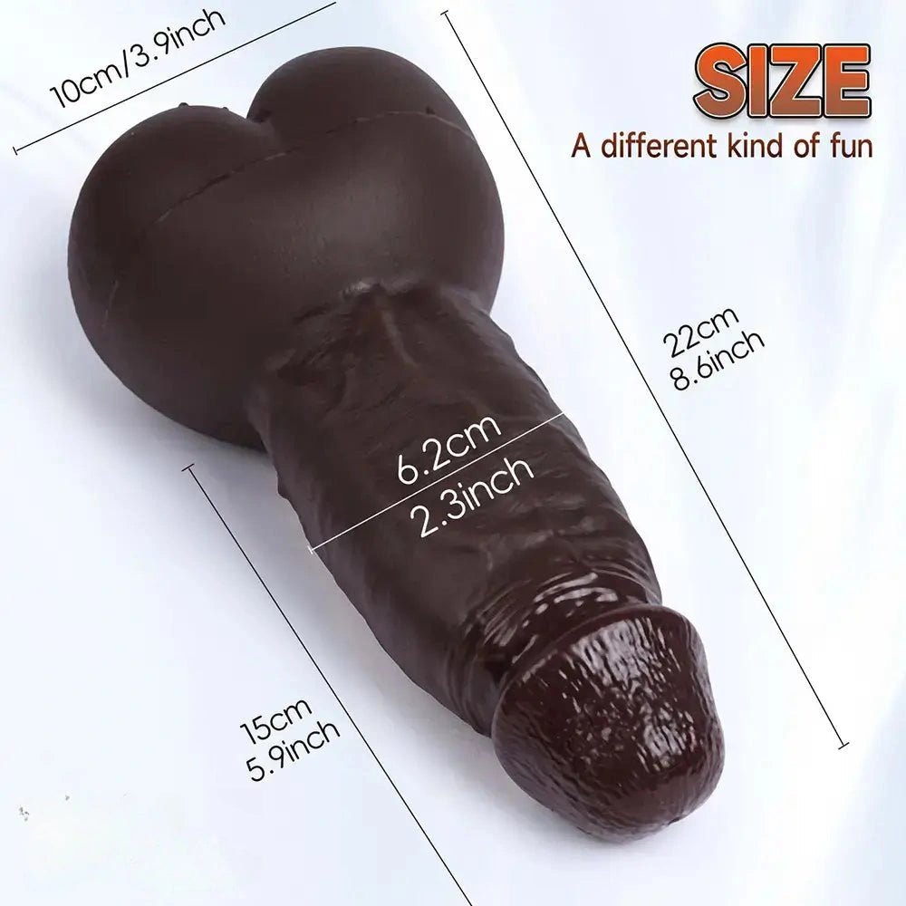 Coffee curved realistic silicone dildo with anal tunnel opening