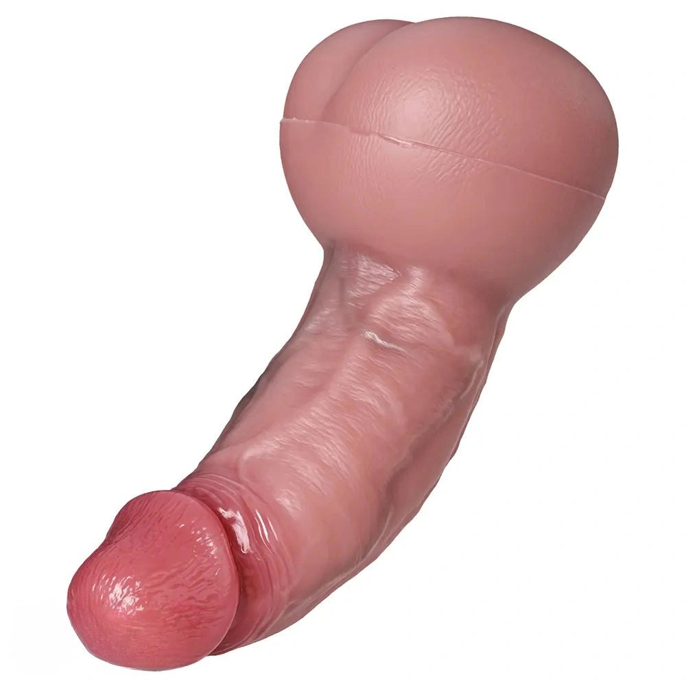 Curved realistic silicone dildo with anal tunnel opening, photo 4