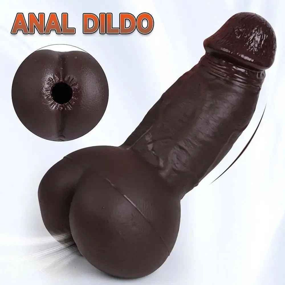 Curved realistic silicone dildo with anal tunnel opening, photo 6