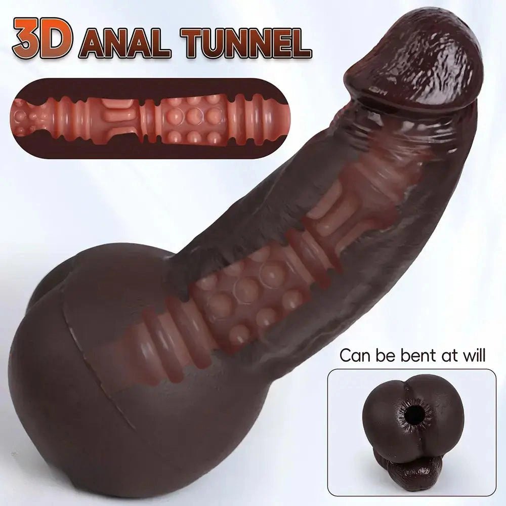 Curved realistic silicone dildo with anal tunnel opening, photo 9