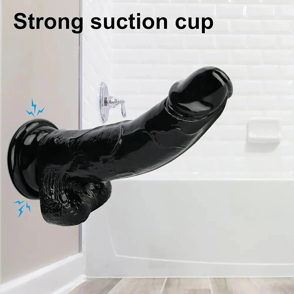 Black realistic PVC dildo with suction cup base, photo 3