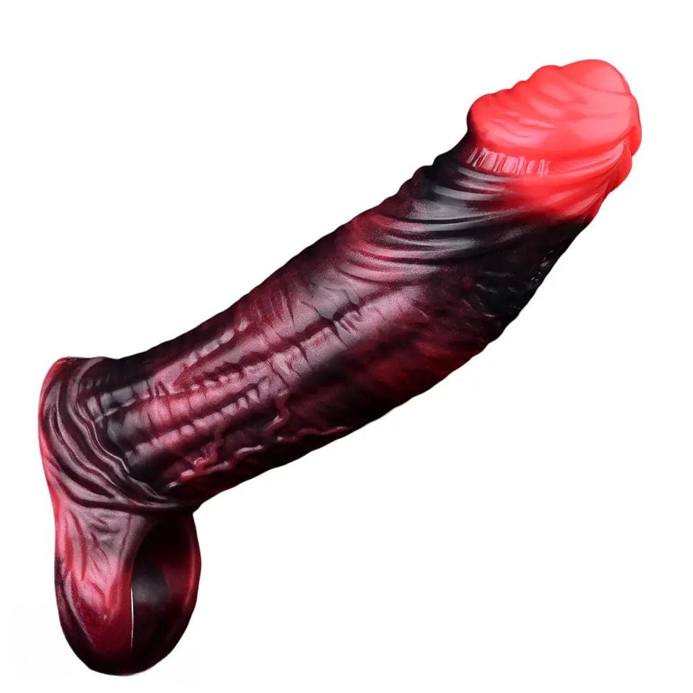 Red and black realistic silicone dildo, photo 1