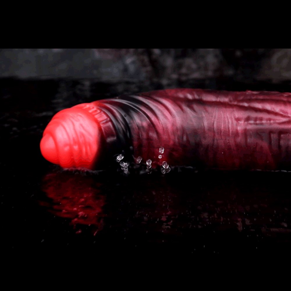 Red and black realistic silicone dildo, photo 10