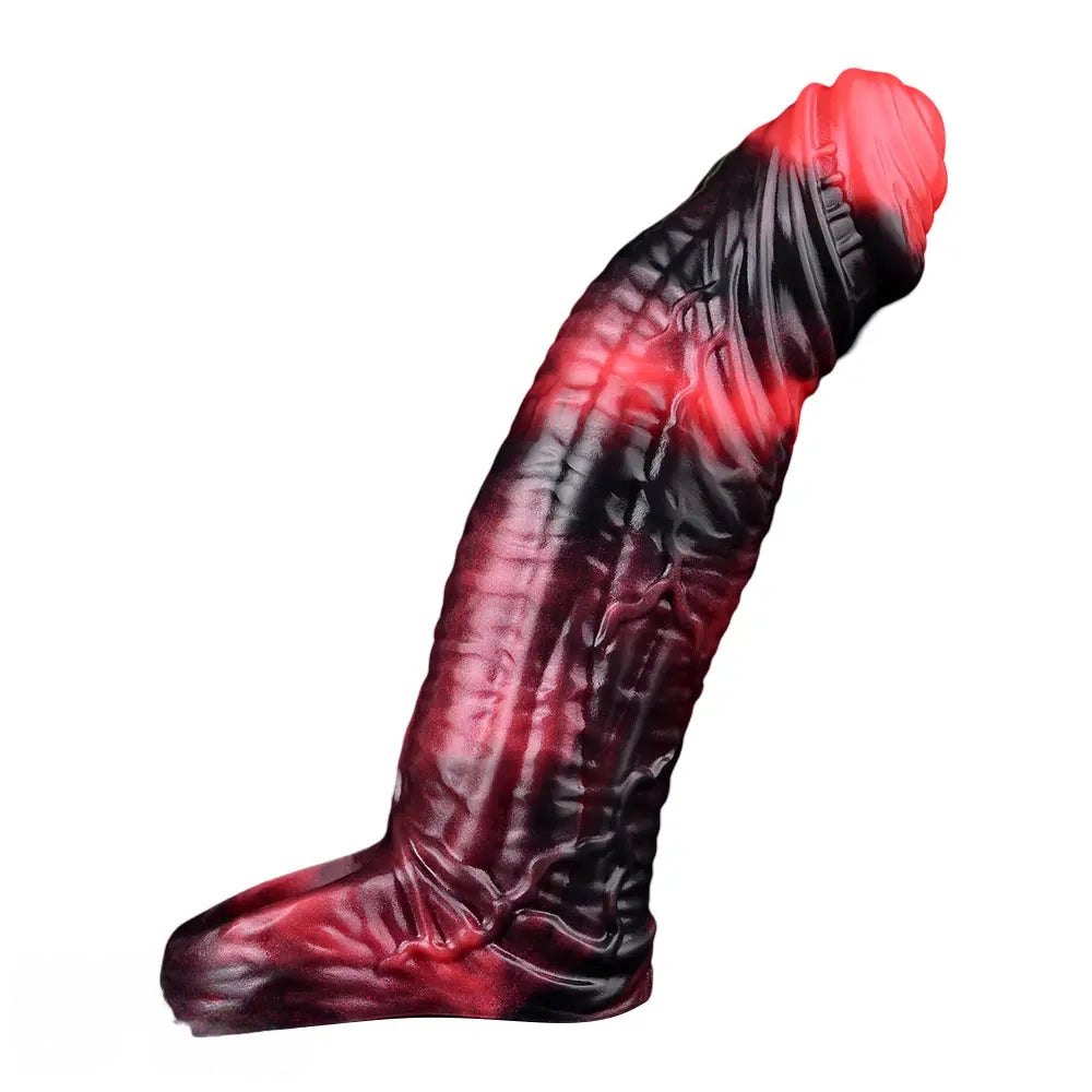 Red and black realistic silicone dildo, photo 14