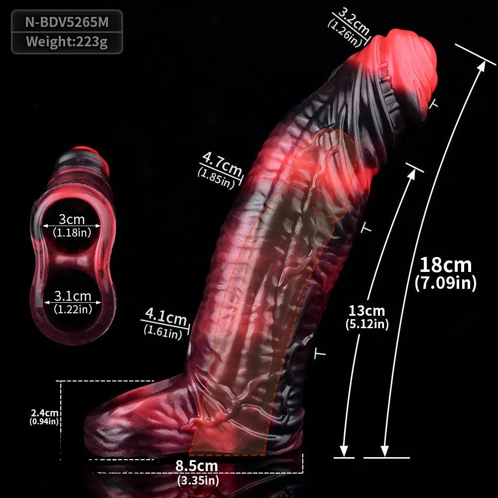 Red and black realistic silicone dildo, photo 16