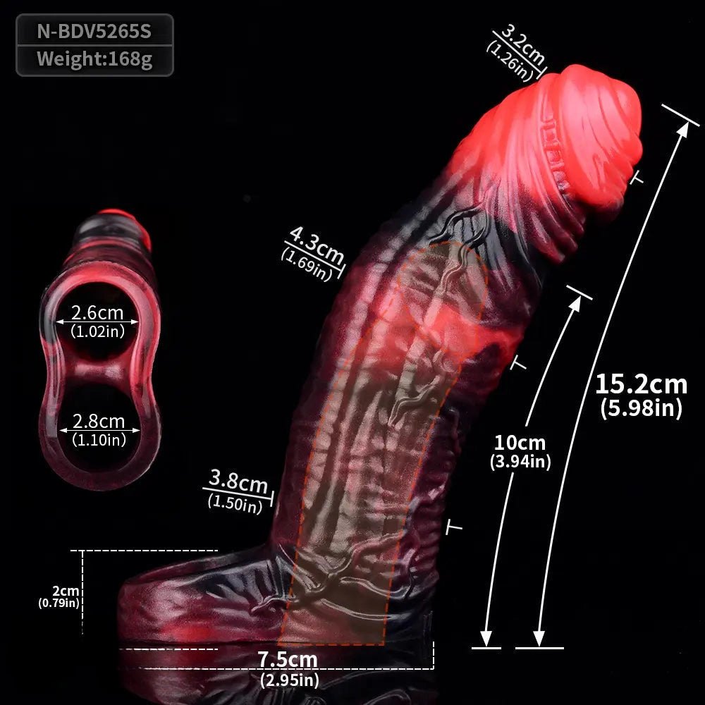 Red and black realistic silicone dildo, photo 17