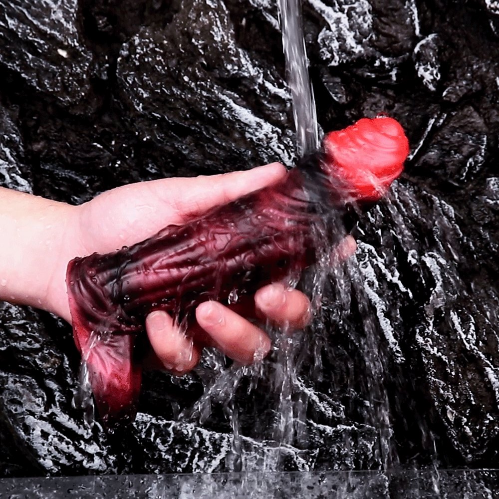 Red and black realistic silicone dildo, photo 2