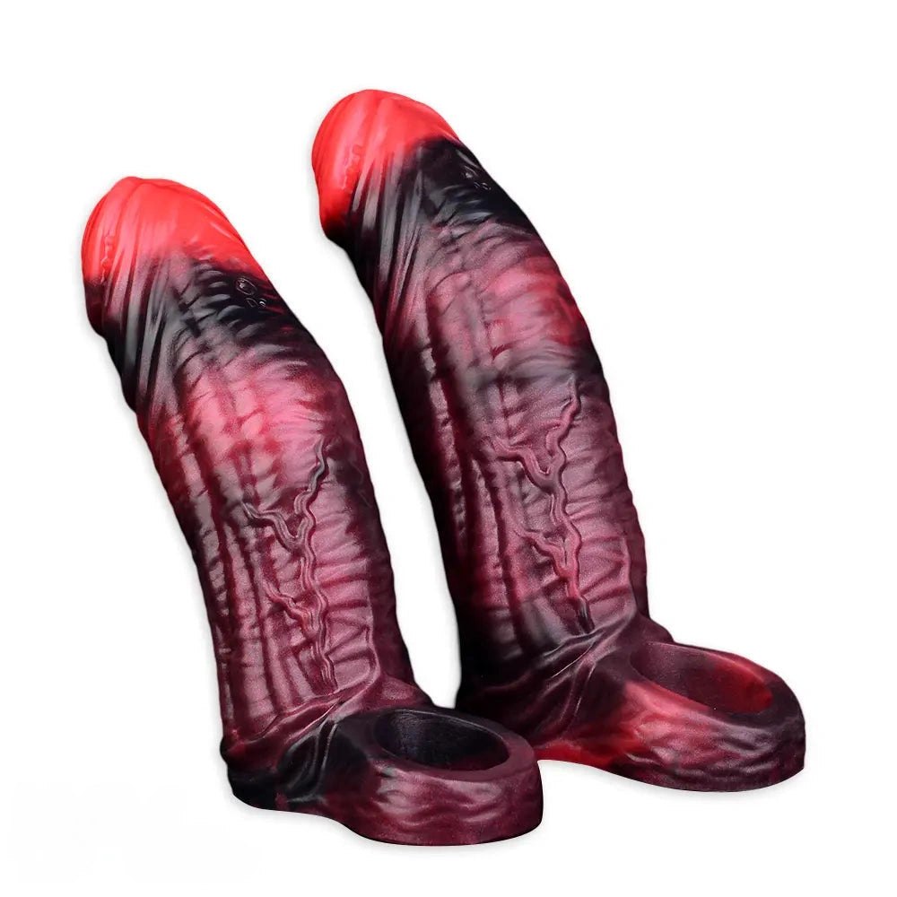 Red and black realistic silicone dildo, photo 4
