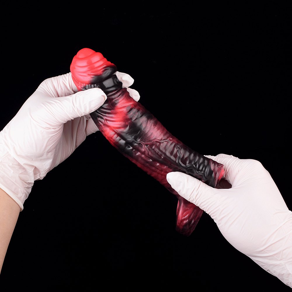 Red and black realistic silicone dildo, photo 8