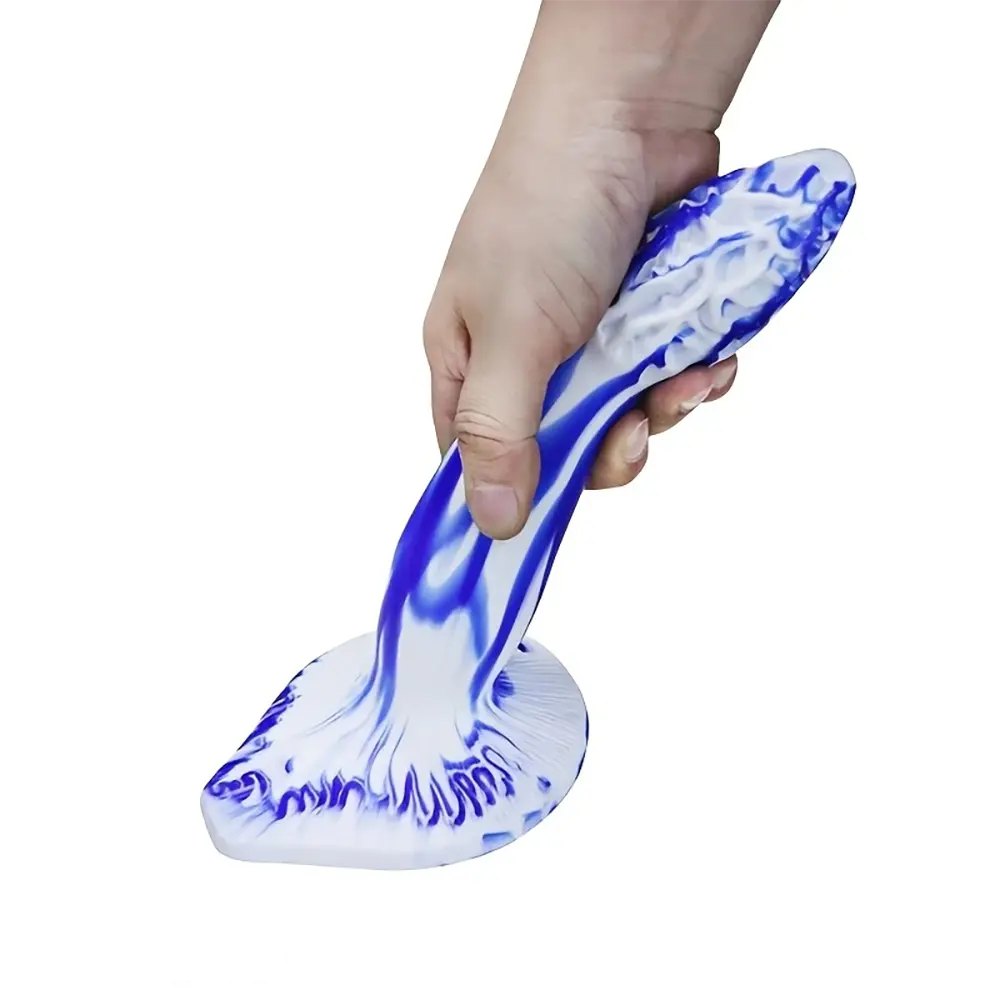 Blue and white marbled realistic silicone dildo, photo 5