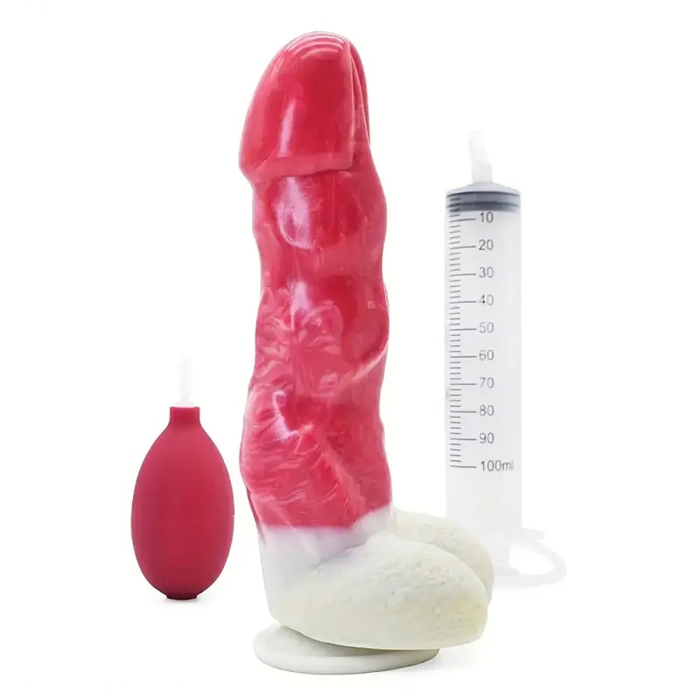 Red and white realistic squirting dildo with fill syringe, photo 1
