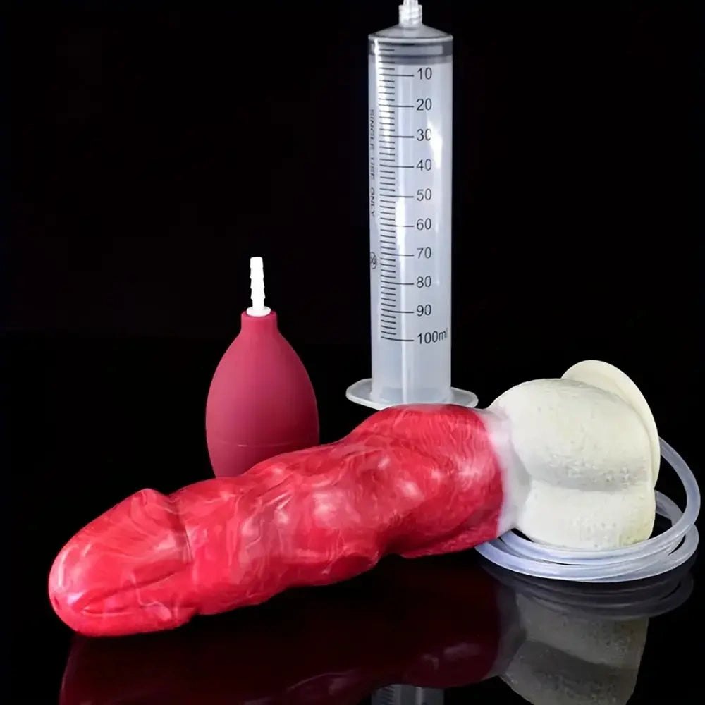 Red and white realistic squirting dildo with fill syringe, photo 10