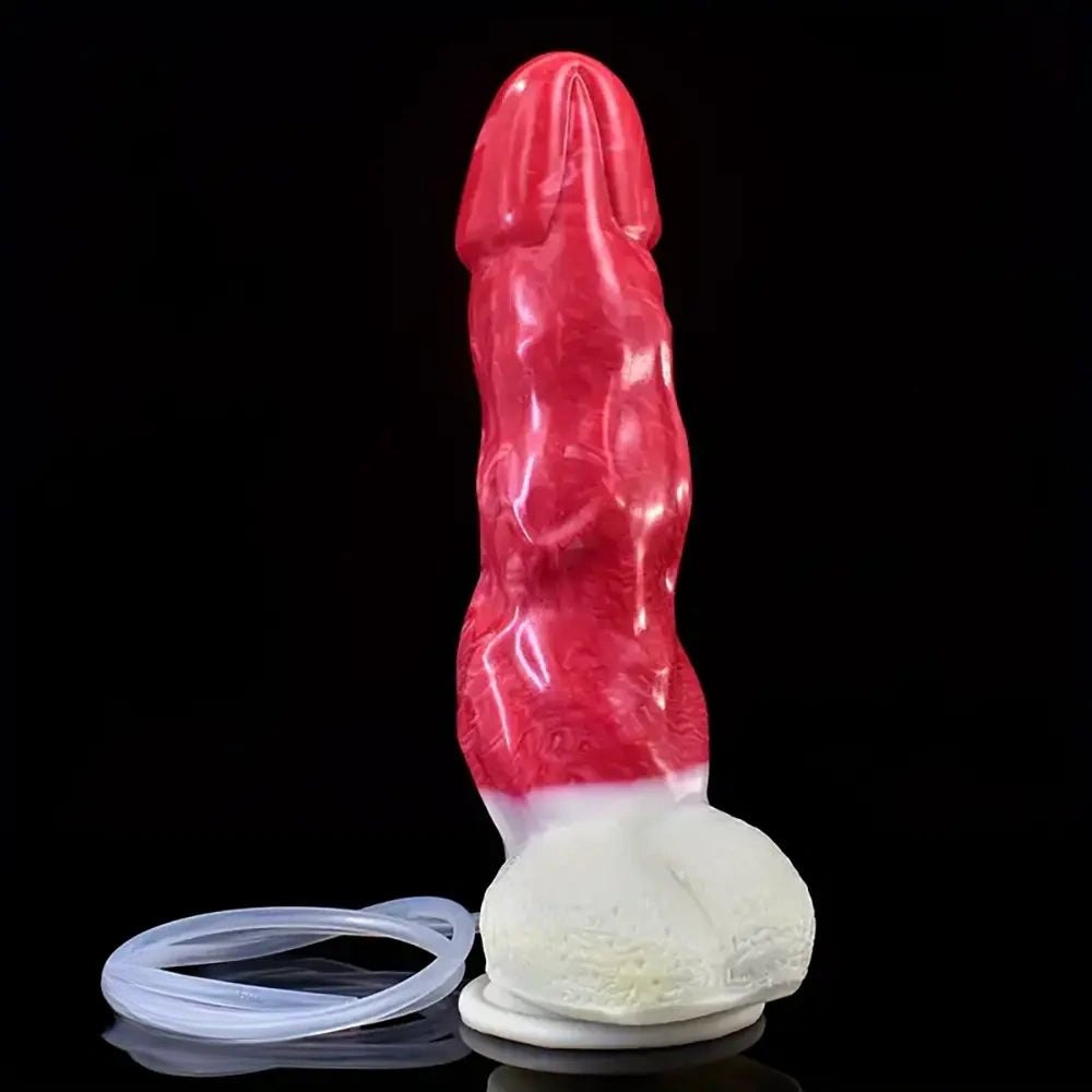 Red and white realistic squirting dildo with fill syringe, photo 2