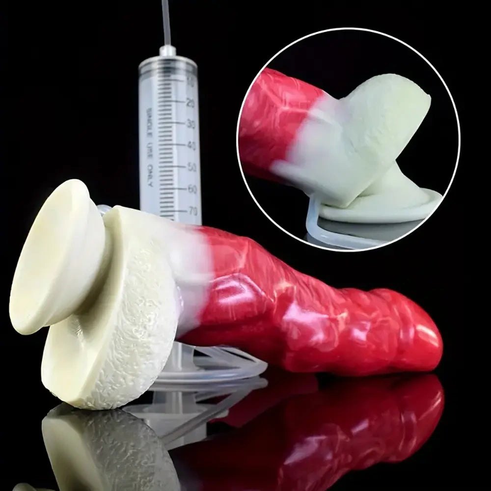 Red and white realistic squirting dildo with fill syringe, photo 3