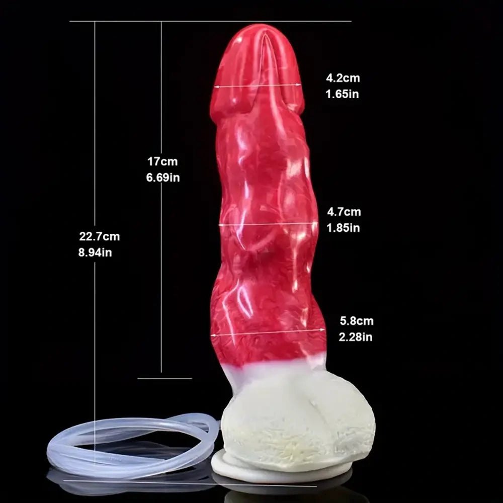 Red and white realistic squirting dildo with fill syringe, photo 4