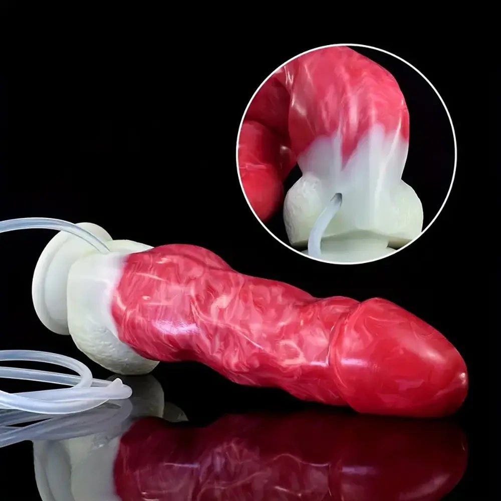 Red and white realistic squirting dildo with fill syringe, photo 6