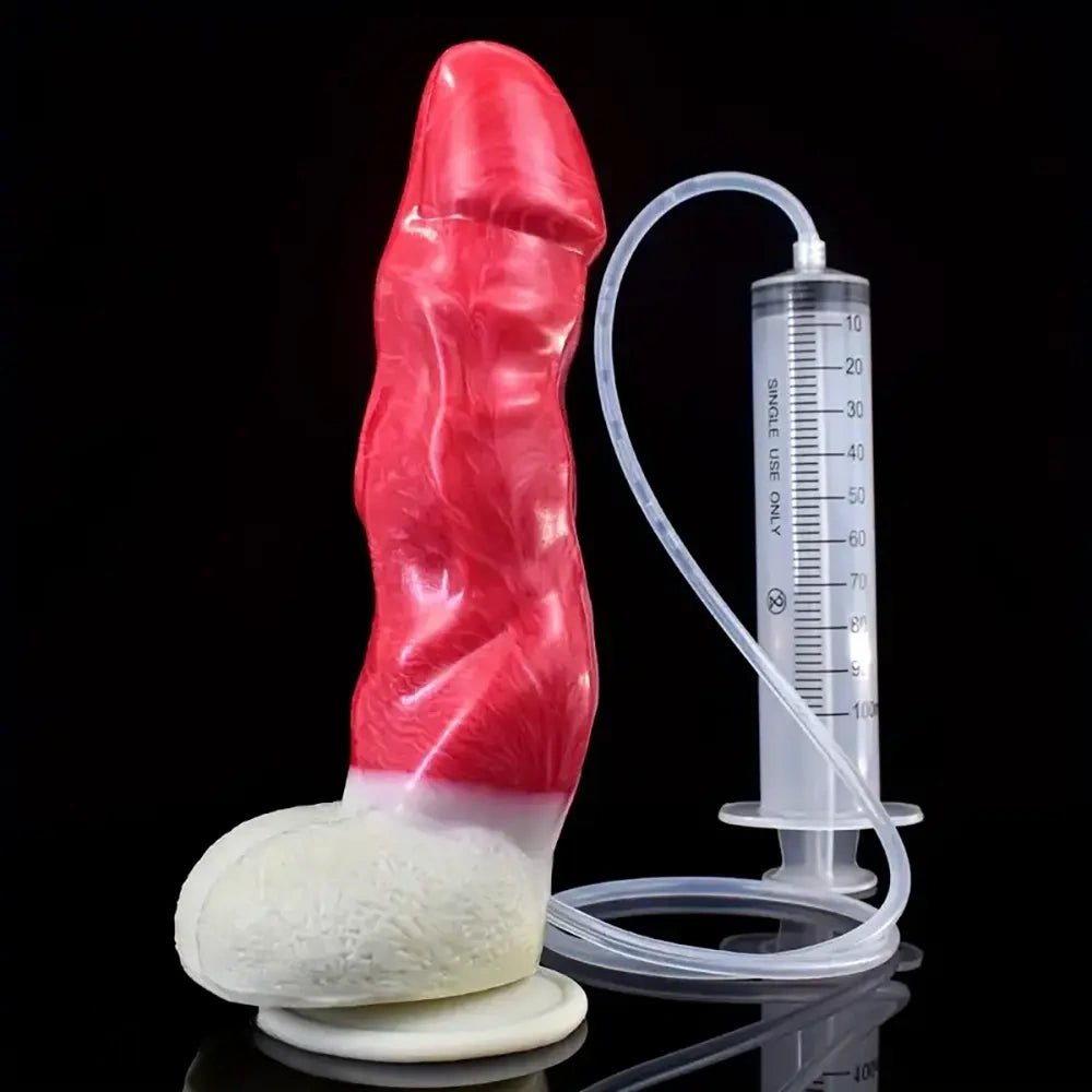 Red and white realistic squirting dildo with fill syringe, photo 7