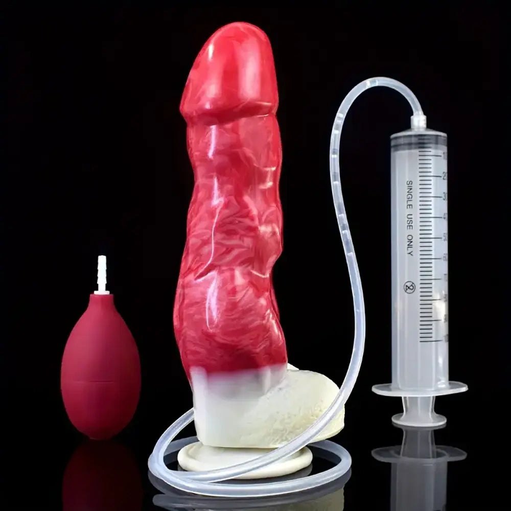 Red and white realistic squirting dildo with fill syringe, photo 9