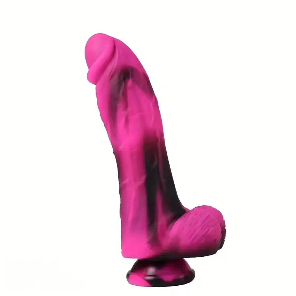 Pink and black marbled silicone realistic dildo with suction cup base, photo 1