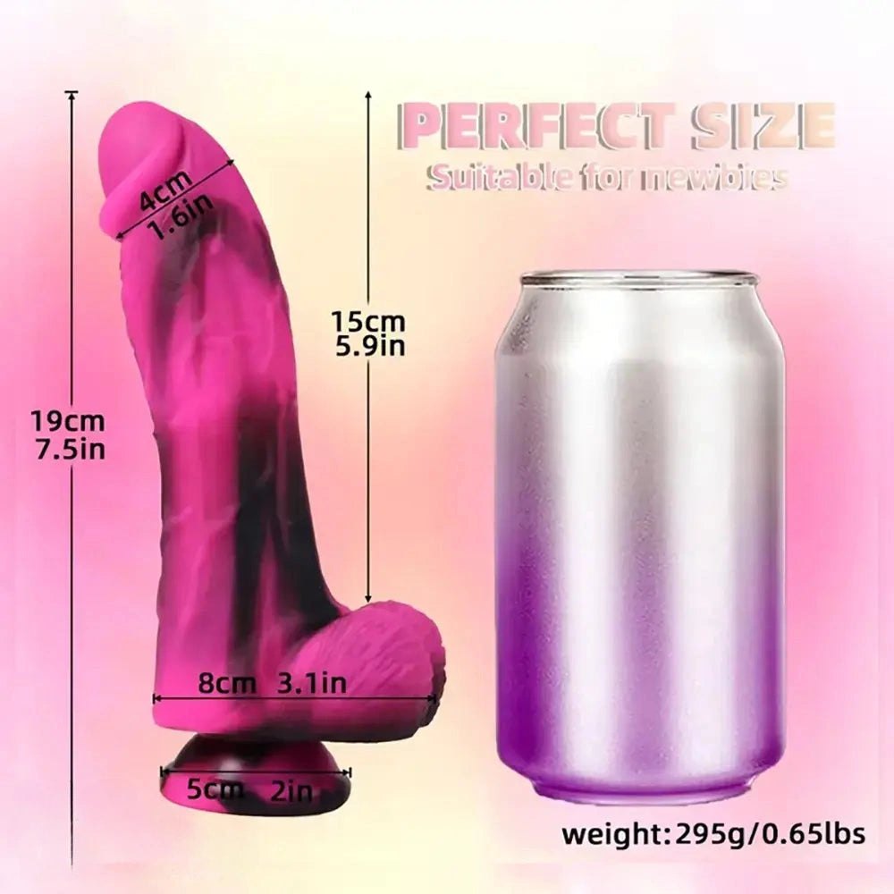 Pink and black marbled silicone realistic dildo with suction cup base, photo 5