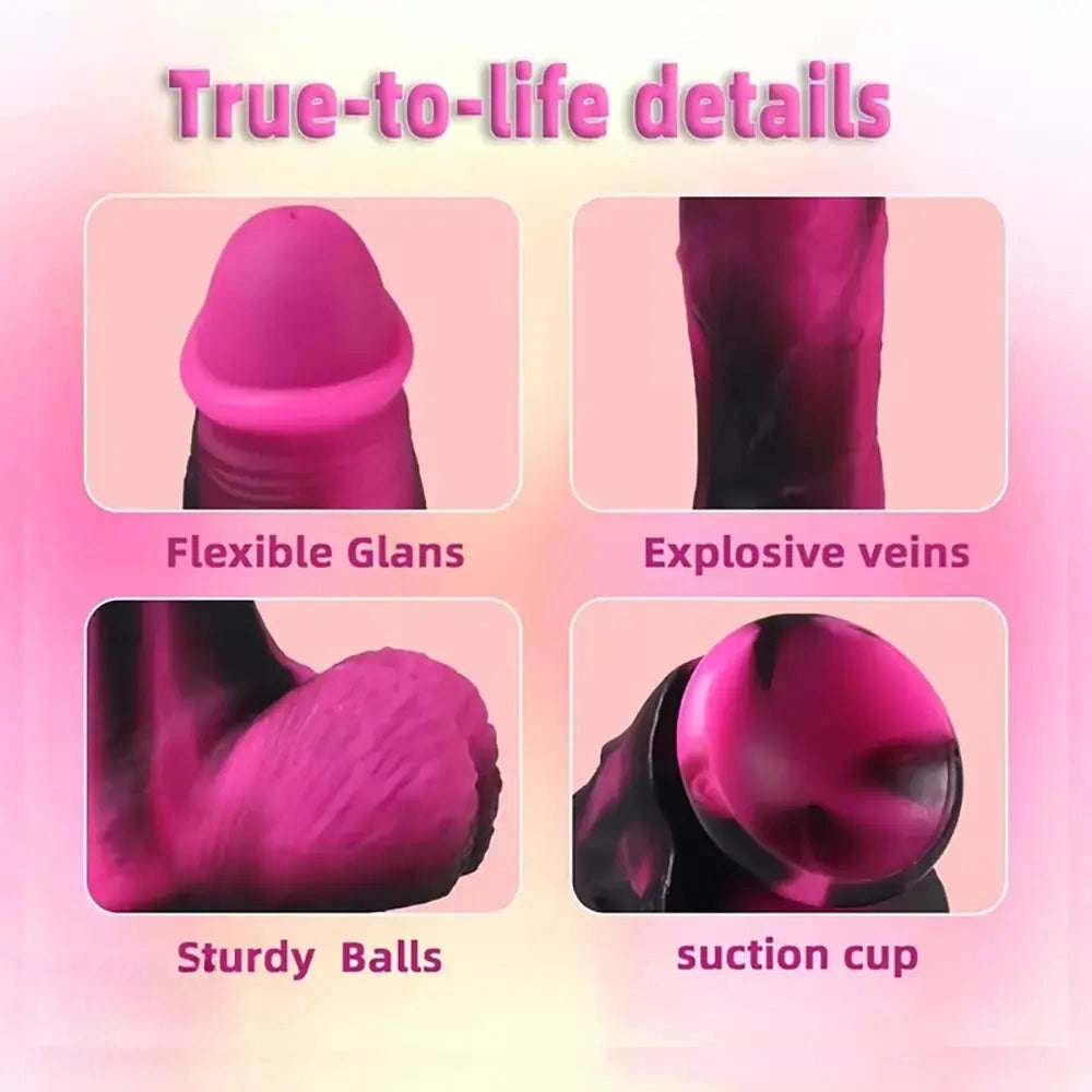 Pink and black marbled silicone realistic dildo with suction cup base, photo 7