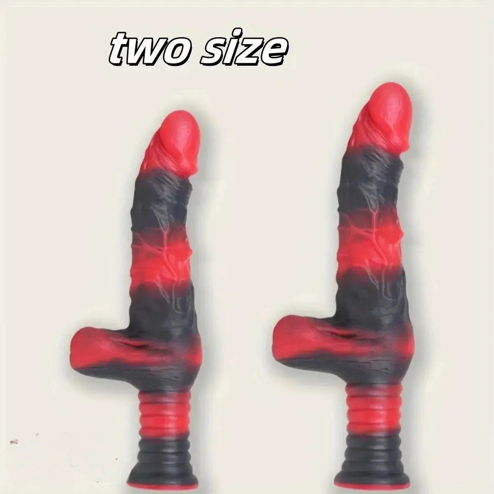 Red and black ribbed fantasy dildo with handle grip, photo 1