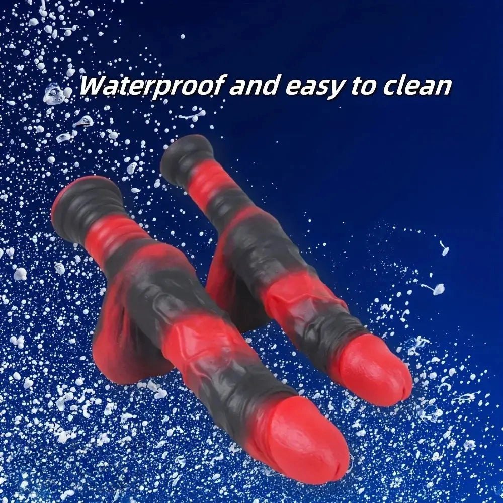 Red and black ribbed fantasy dildo with handle grip, photo 2