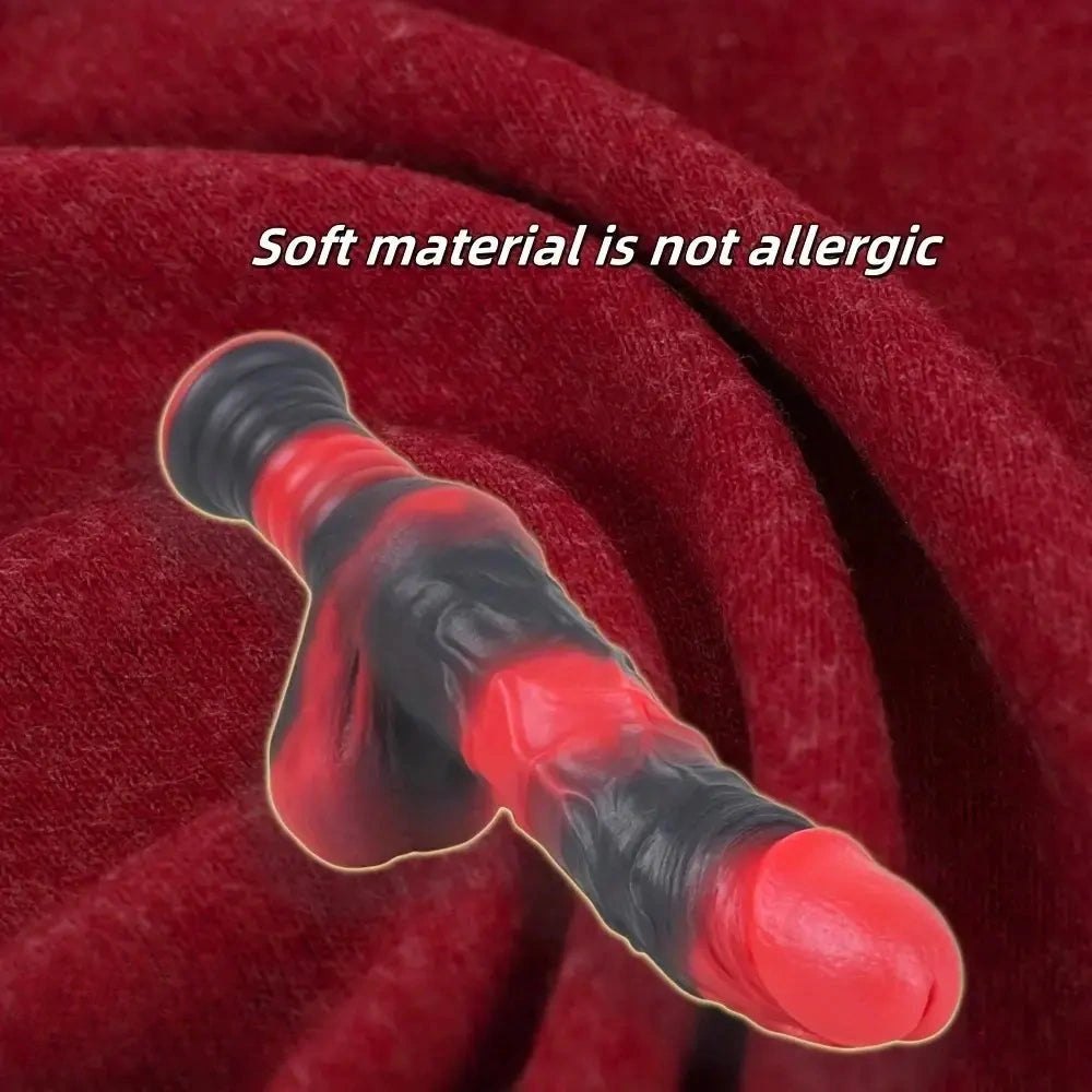 Red and black ribbed fantasy dildo with handle grip, photo 3