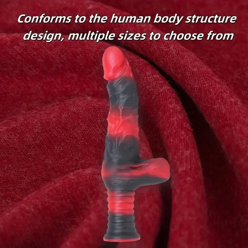 Red and black ribbed fantasy dildo with handle grip, photo 4