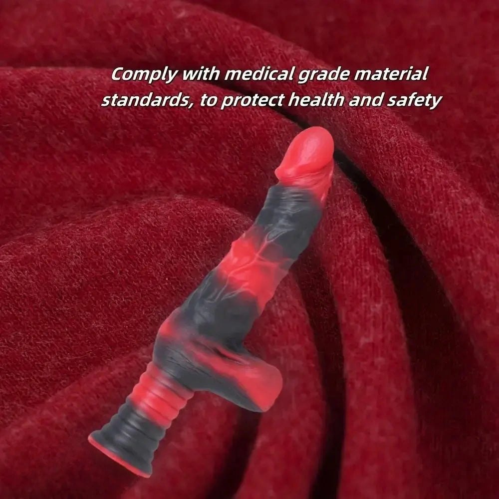 Red and black ribbed fantasy dildo with handle grip, photo 5
