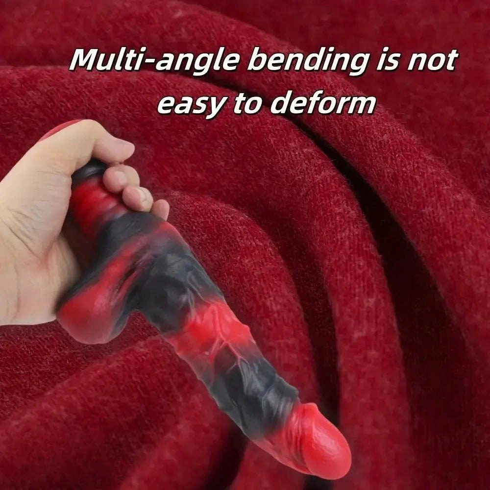 Red and black ribbed fantasy dildo with handle grip, photo 6