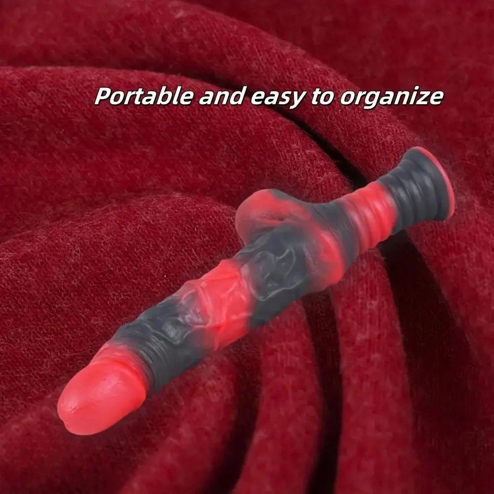 Red and black ribbed fantasy dildo with handle grip, photo 7