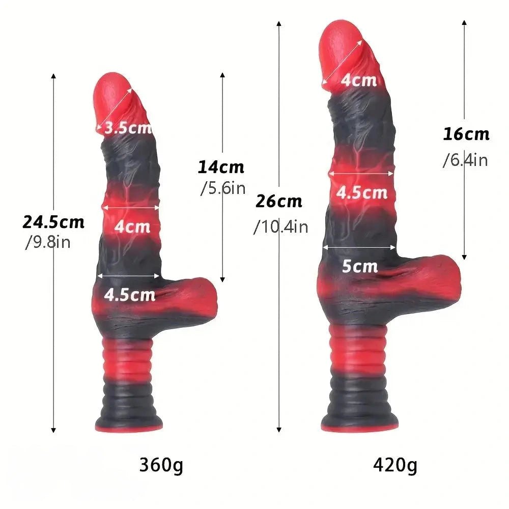 Red and black ribbed fantasy dildo with handle grip, photo 8