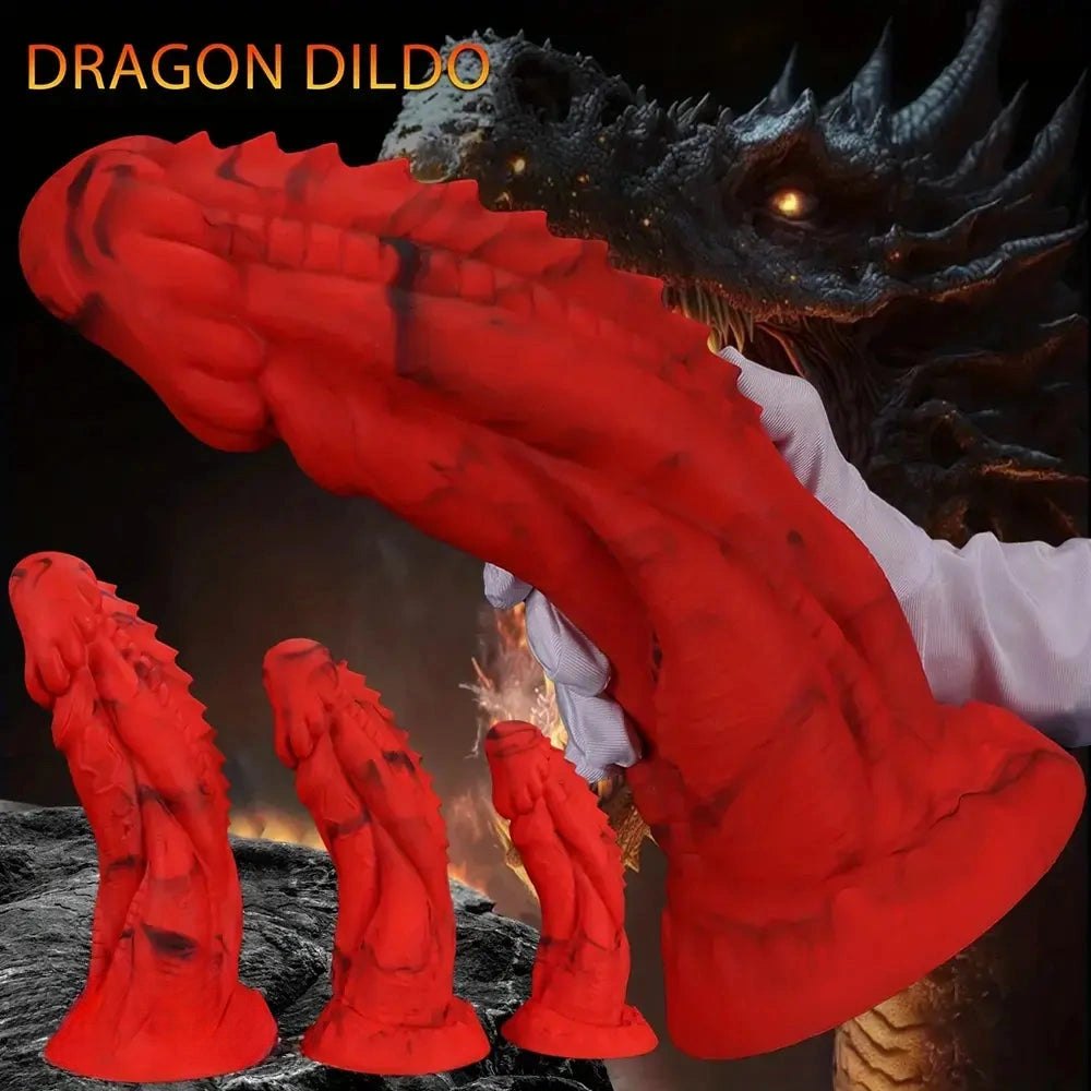 Red and black textured silicone dragon dildo, photo 1