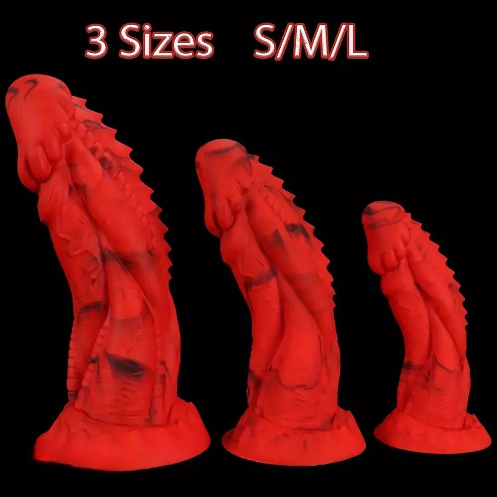 Red and black textured silicone dragon dildo, photo 2