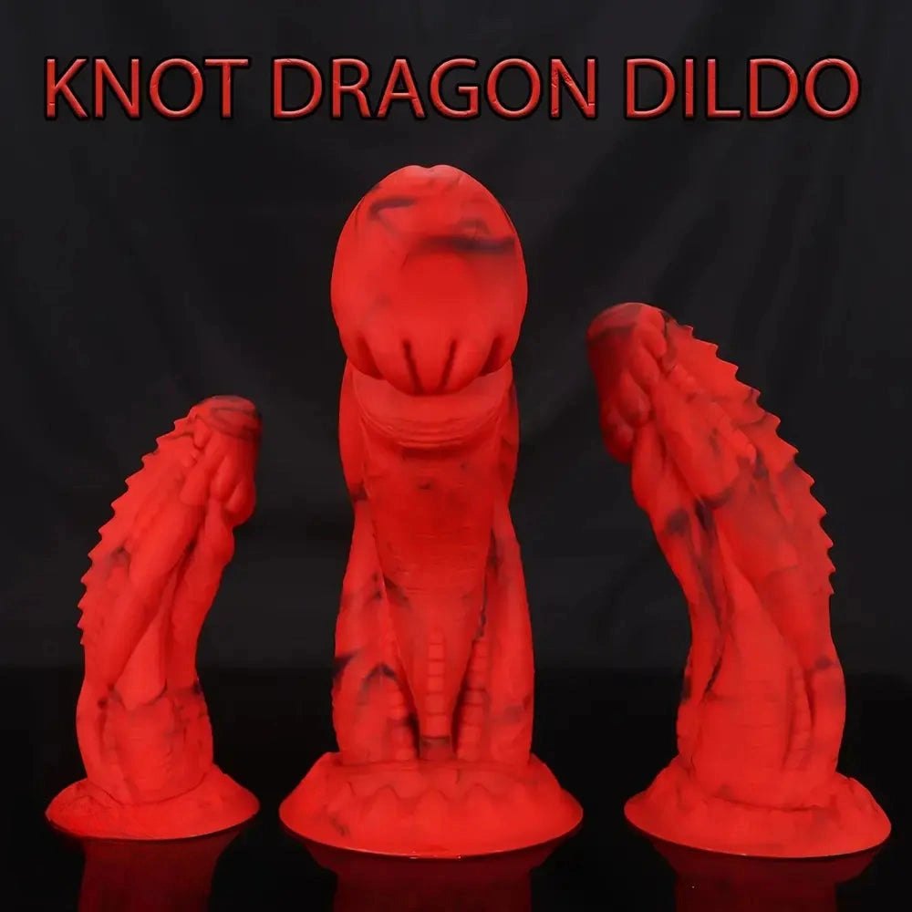 Red and black textured silicone dragon dildo, photo 3